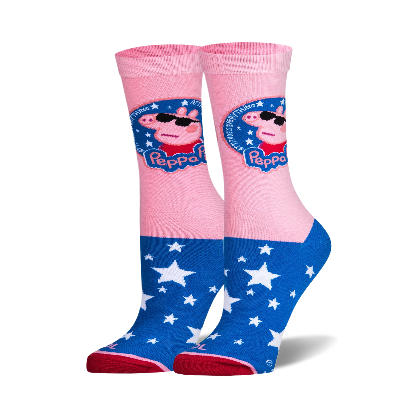 A pair of pink and blue crew socks.  Peppa Pig, wearing sunglasses, is featured on the pink portion. The blue portion is covered in white stars.