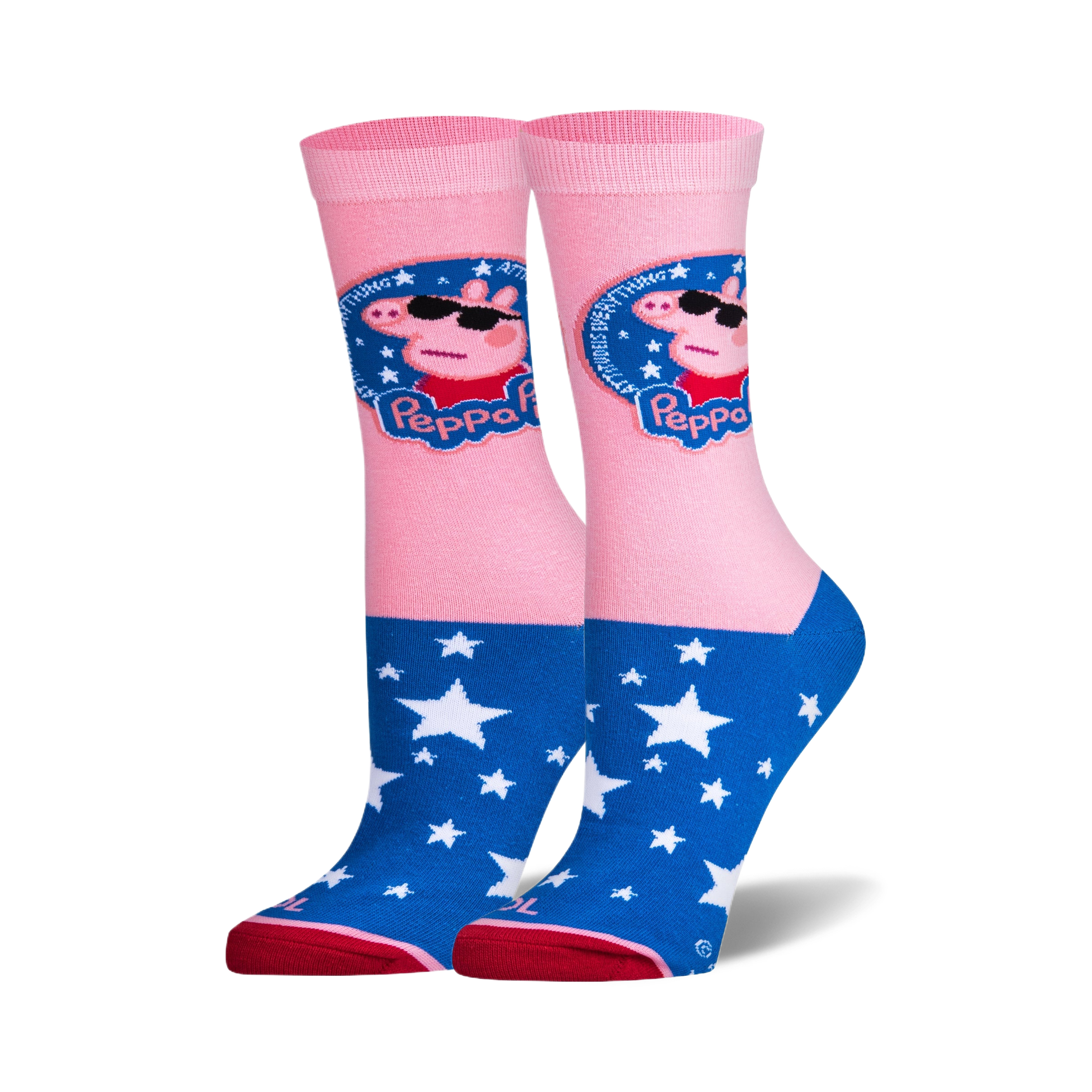 A pair of pink and blue crew socks.  Peppa Pig, wearing sunglasses, is featured on the pink portion. The blue portion is covered in white stars.