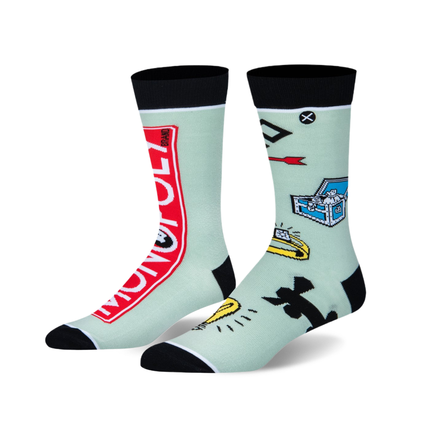 A pair of mint green crew socks. Left sock has a red Monopoly logo. Right sock has Monopoly game piece symbols. Black cuffs/toes.