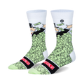 White crew socks with Mr. Monopoly standing in a pile of light green dollar bills, black "POLY" band, green toe and heel.