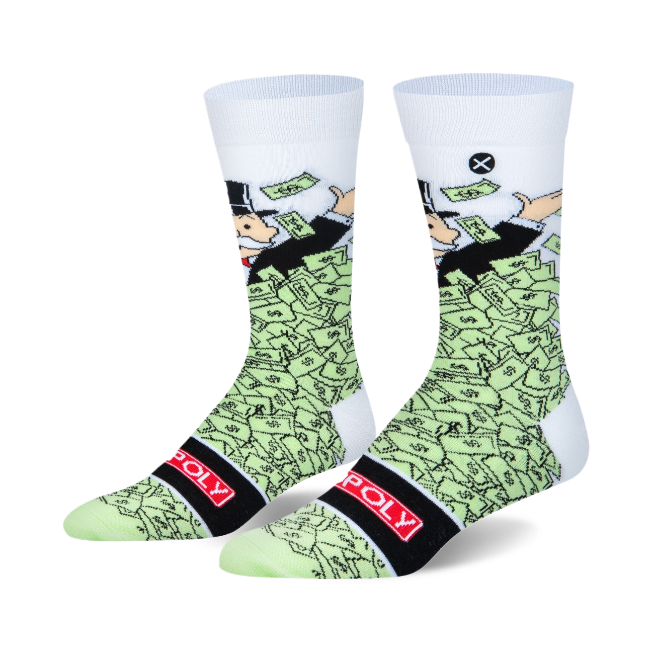 White crew socks with Mr. Monopoly standing in a pile of light green dollar bills, black "POLY" band, green toe and heel.