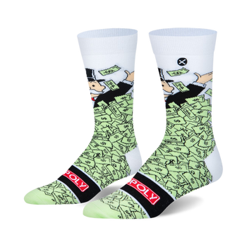 White crew socks with Mr. Monopoly standing in a pile of light green dollar bills, black "POLY" band, green toe and heel.