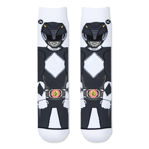 Flat lay of two white socks placed side-by-side, showing the front view of the Black Ranger's helmet, suit, and morpher belt.