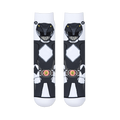 Flat lay of two white socks placed side-by-side, showing the front view of the Black Ranger's helmet, suit, and morpher belt.