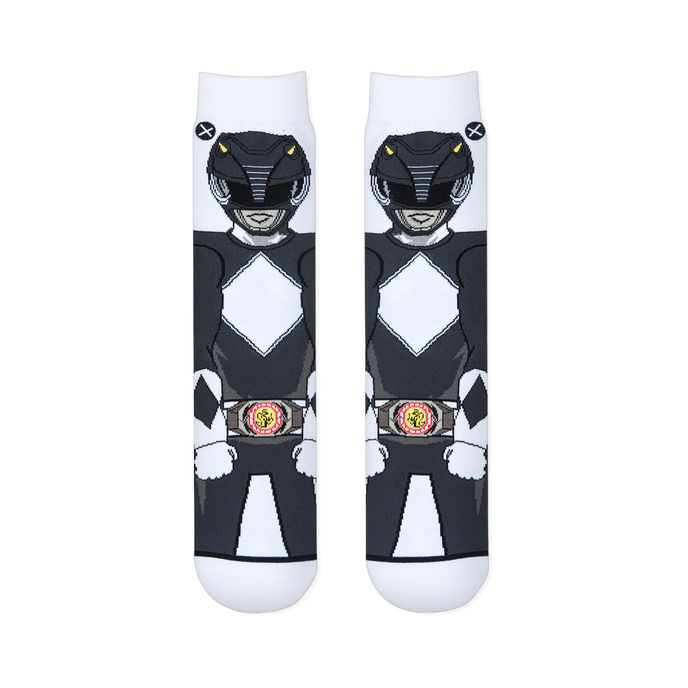 Flat lay of two white socks placed side-by-side, showing the front view of the Black Ranger's helmet, suit, and morpher belt.