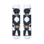 Flat lay of two white socks placed side-by-side, showing the front view of the Black Ranger's helmet, suit, and morpher belt.