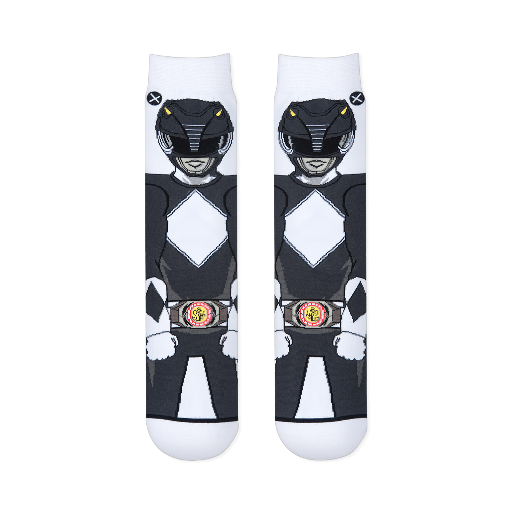 Flat lay of two white socks placed side-by-side, showing the front view of the Black Ranger's helmet, suit, and morpher belt.