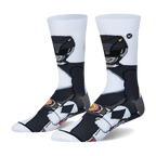 White crew socks with a 360-degree wrap-around graphic of the Black Ranger in his black suit, helmet, and morpher belt.