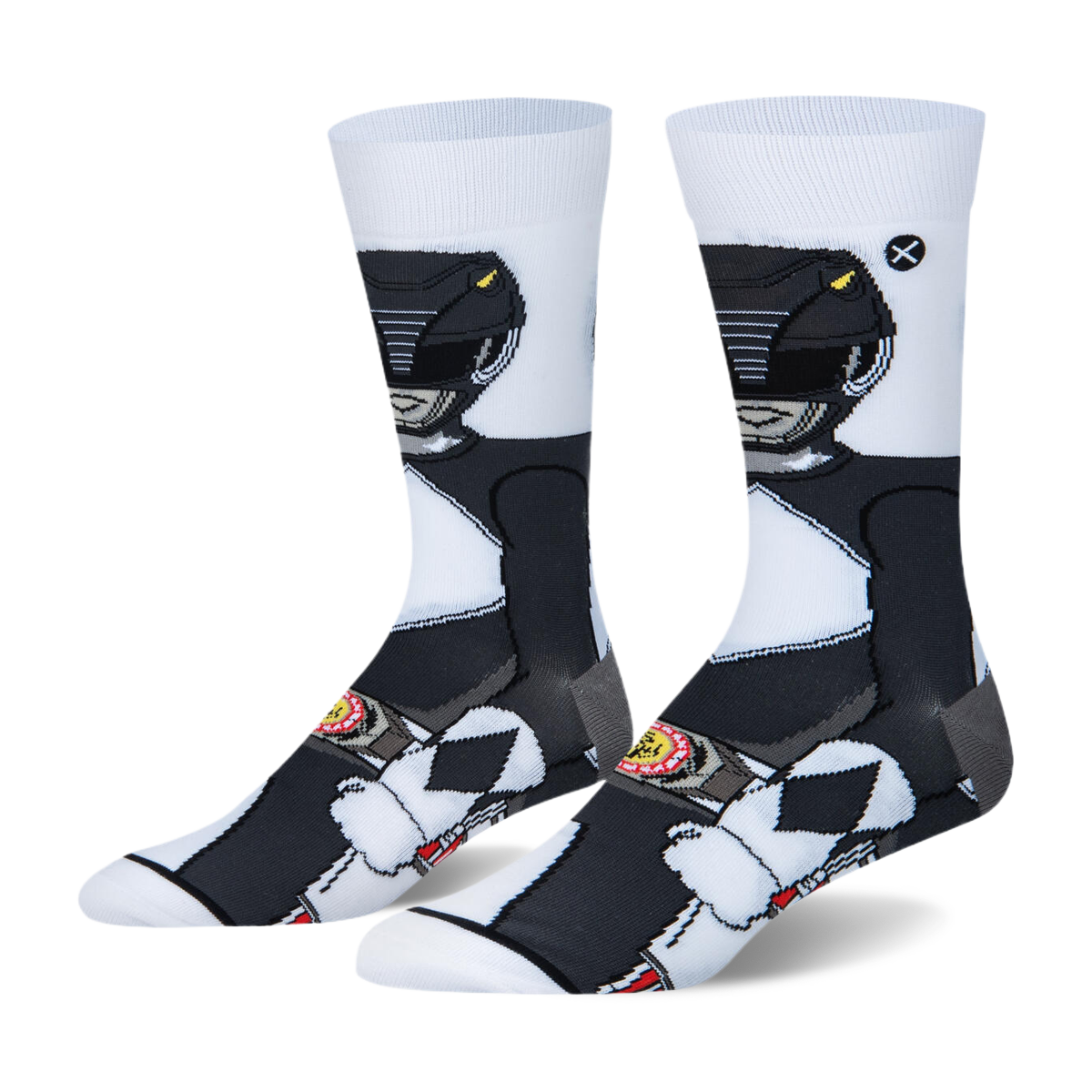 White crew socks with a 360-degree wrap-around graphic of the Black Ranger in his black suit, helmet, and morpher belt.