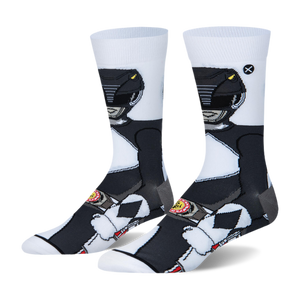 White crew socks with a 360-degree wrap-around graphic of the Black Ranger in his black suit, helmet, and morpher belt.