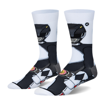 White crew socks with a 360-degree wrap-around graphic of the Black Ranger in his black suit, helmet, and morpher belt.