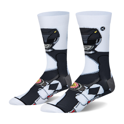 White crew socks with a 360-degree wrap-around graphic of the Black Ranger in his black suit, helmet, and morpher belt.