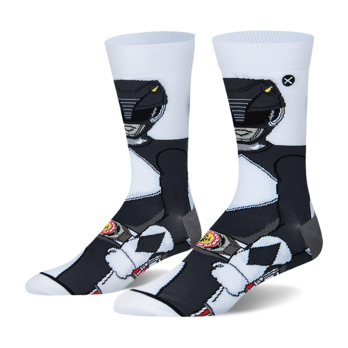 White crew socks with a 360-degree wrap-around graphic of the Black Ranger in his black suit, helmet, and morpher belt.
