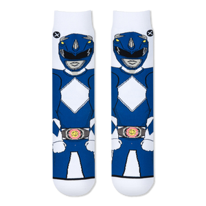 Flat lay of two white crew socks showing the full front view of the Blue Ranger with his diamond chest pattern and belt.