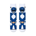 Flat lay of two white crew socks showing the full front view of the Blue Ranger with his diamond chest pattern and belt.
