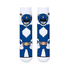 Flat lay of two white crew socks showing the full front view of the Blue Ranger with his diamond chest pattern and belt.