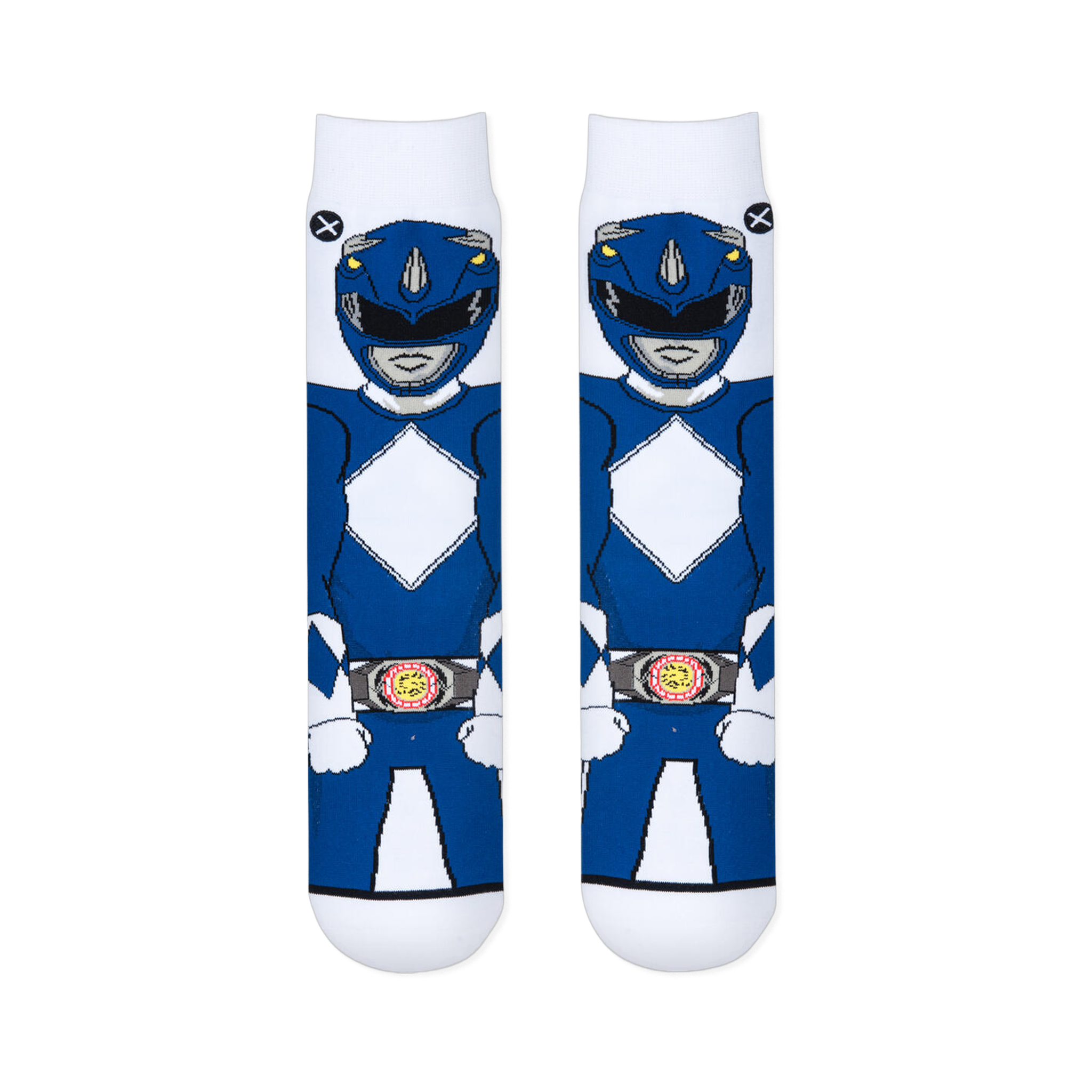 Flat lay of two white crew socks showing the full front view of the Blue Ranger with his diamond chest pattern and belt.