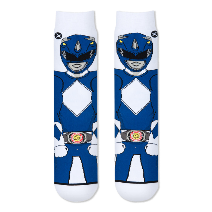 Flat lay of two white crew socks showing the full front view of the Blue Ranger with his diamond chest pattern and belt.