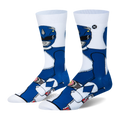 White crew socks featuring a large 360-degree knit graphic of the Blue Power Ranger in his classic blue and white suit.