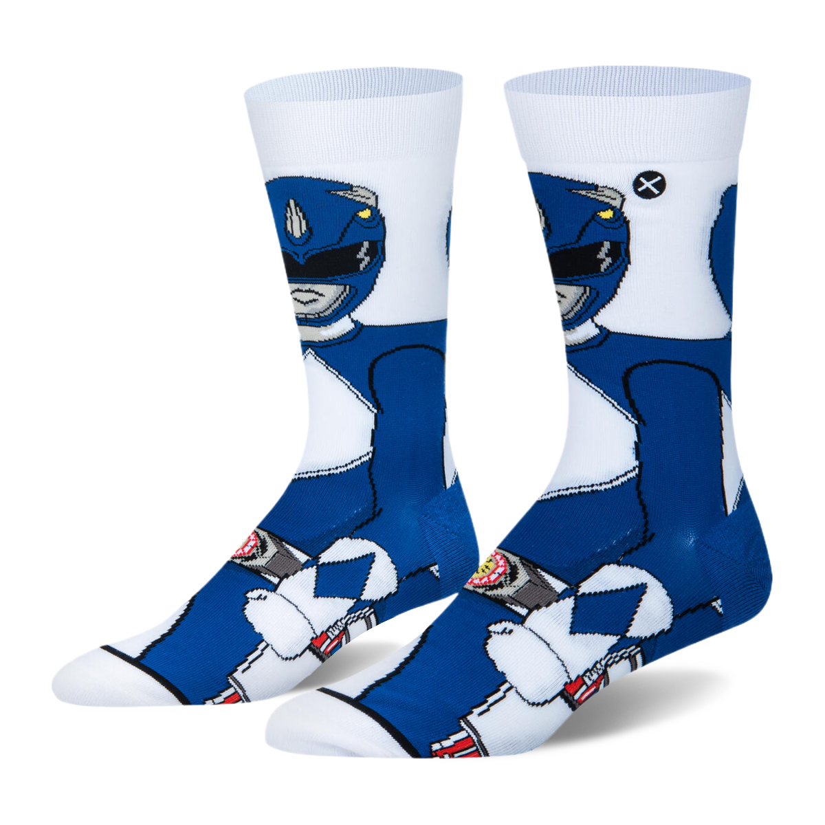 White crew socks featuring a large 360-degree knit graphic of the Blue Power Ranger in his classic blue and white suit.