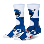 White crew socks featuring a large 360-degree knit graphic of the Blue Power Ranger in his classic blue and white suit.