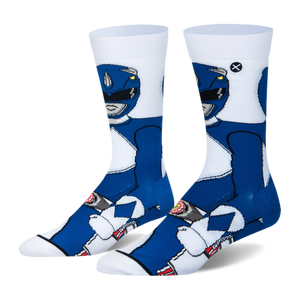 White crew socks featuring a large 360-degree knit graphic of the Blue Power Ranger in his classic blue and white suit.