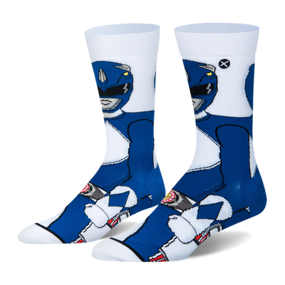 White crew socks featuring a large 360-degree knit graphic of the Blue Power Ranger in his classic blue and white suit.