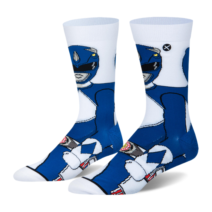 White crew socks featuring a large 360-degree knit graphic of the Blue Power Ranger in his classic blue and white suit.