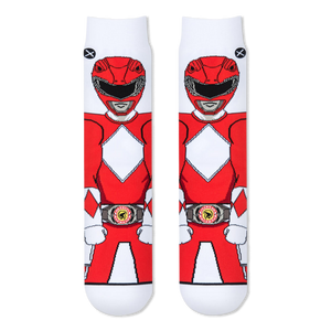 Flat front view of two white crew socks showing the Red Ranger standing forward with his helmet, chest diamonds, and belt.