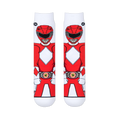 Flat front view of two white crew socks showing the Red Ranger standing forward with his helmet, chest diamonds, and belt.