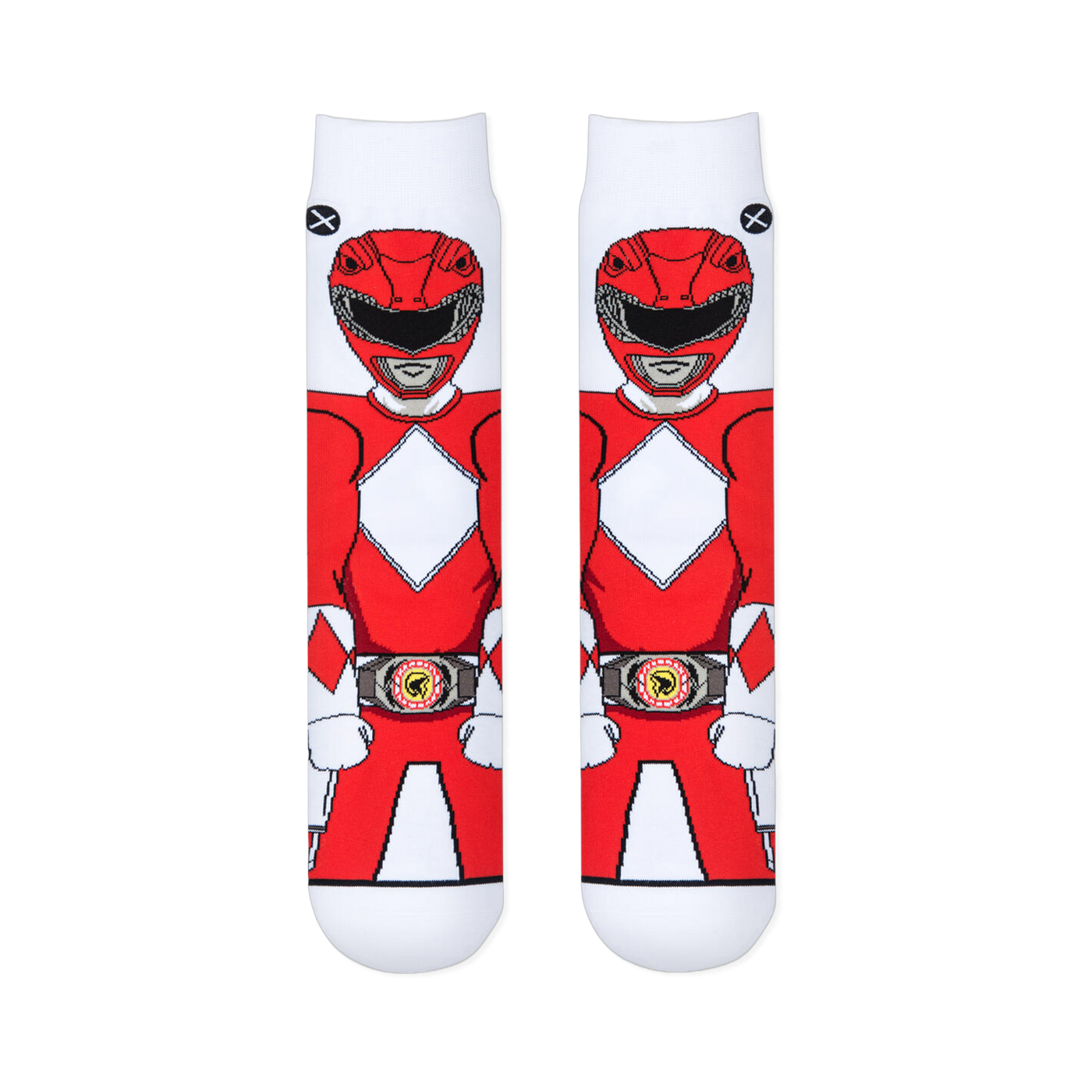 Flat front view of two white crew socks showing the Red Ranger standing forward with his helmet, chest diamonds, and belt.