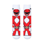 Flat front view of two white crew socks showing the Red Ranger standing forward with his helmet, chest diamonds, and belt.