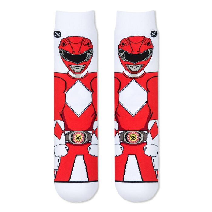 Flat front view of two white crew socks showing the Red Ranger standing forward with his helmet, chest diamonds, and belt.