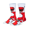 White crew socks showing a wrap-around graphic of the classic Red Ranger in his red and white armor, helmet, and morpher.