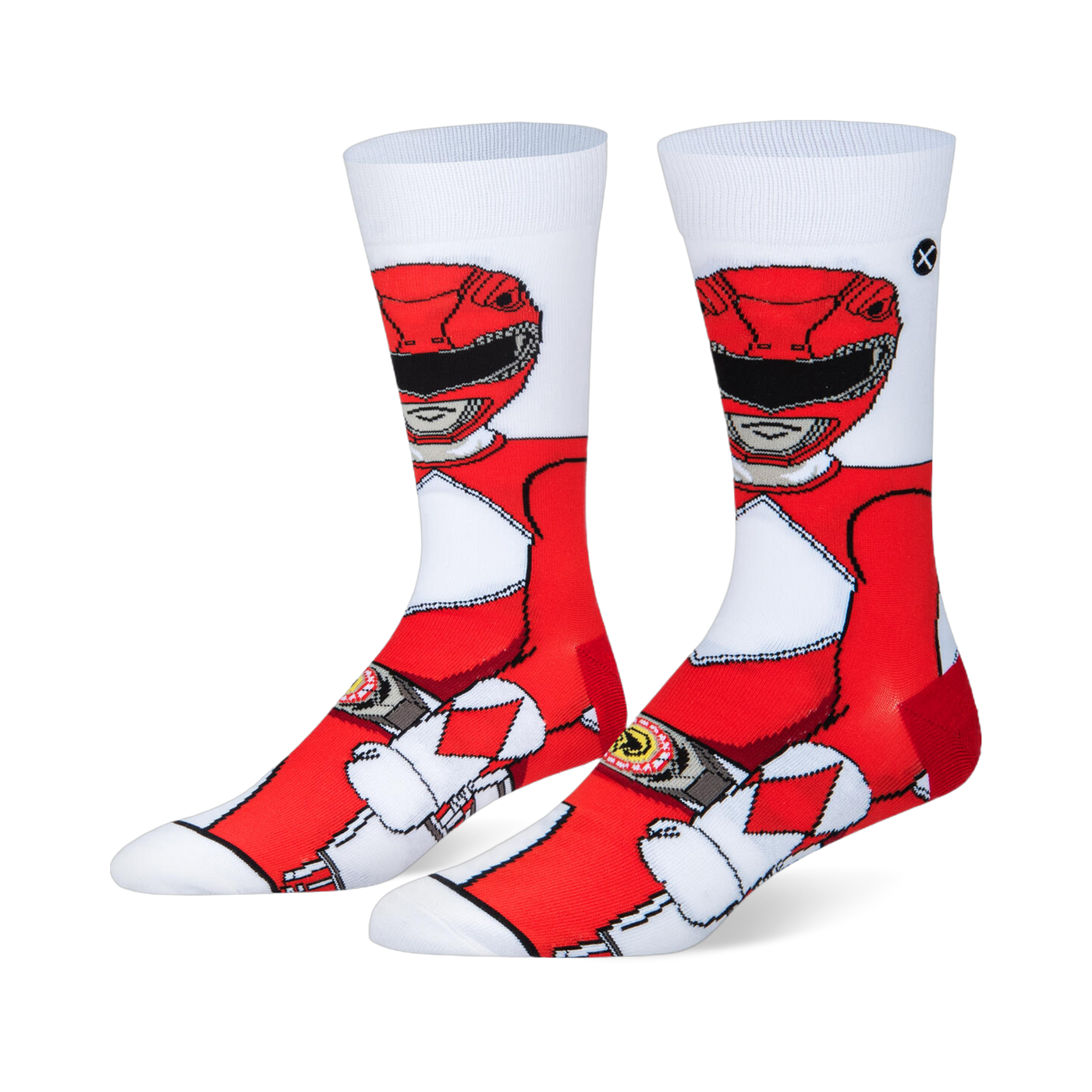 White crew socks showing a wrap-around graphic of the classic Red Ranger in his red and white armor, helmet, and morpher.