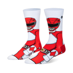 White crew socks showing a wrap-around graphic of the classic Red Ranger in his red and white armor, helmet, and morpher.
