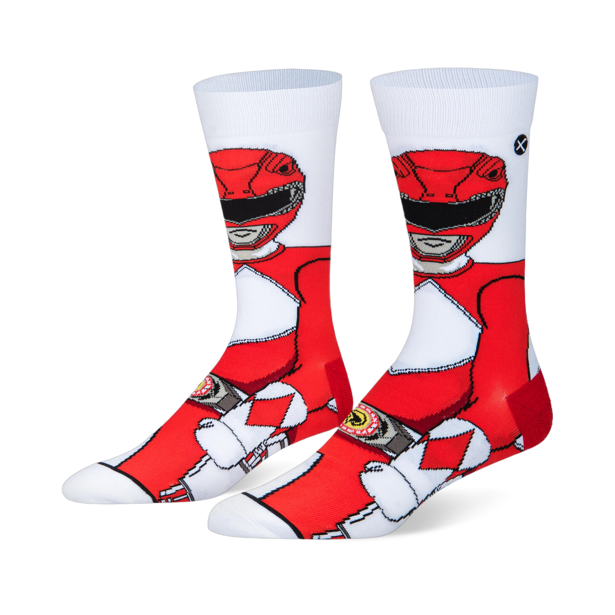White crew socks showing a wrap-around graphic of the classic Red Ranger in his red and white armor, helmet, and morpher.