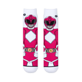 Front view of two flat socks showing the complete Pink Ranger suit graphic with her helmet, chest diamond, gloves, and belt.