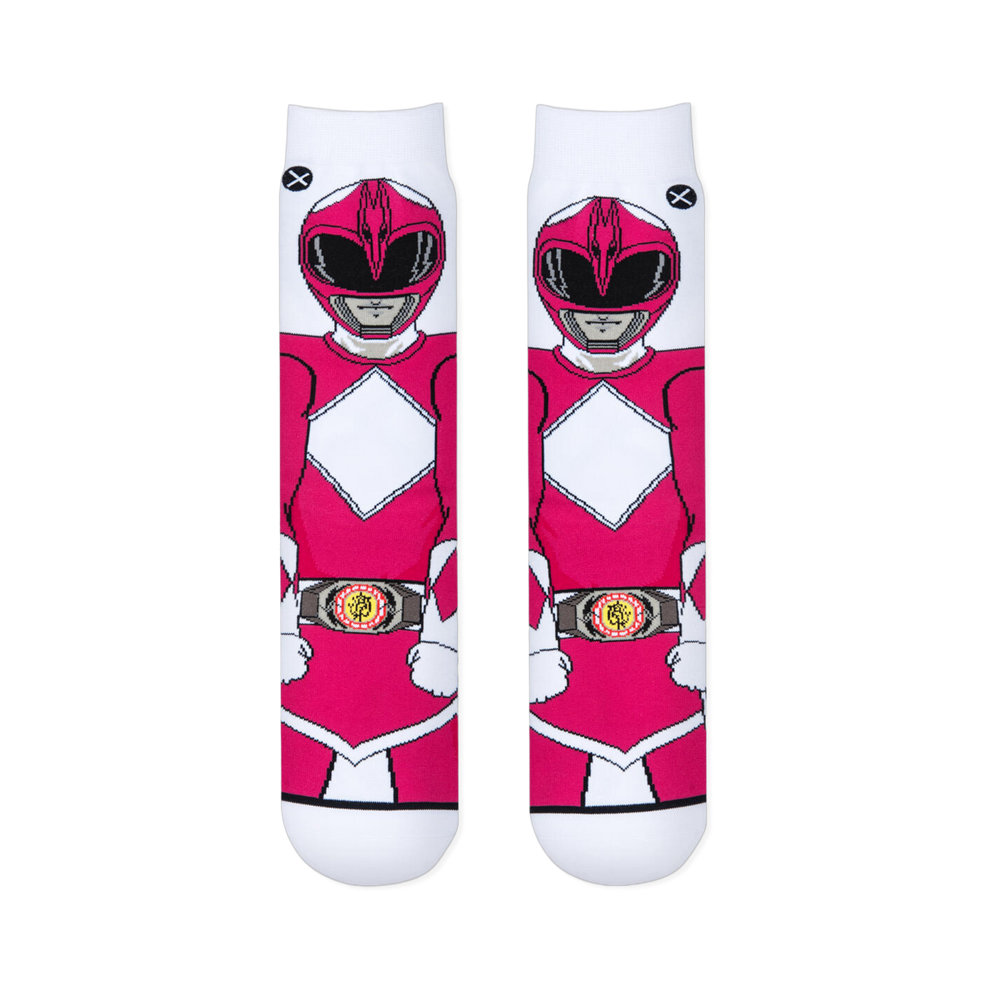 Front view of two flat socks showing the complete Pink Ranger suit graphic with her helmet, chest diamond, gloves, and belt.
