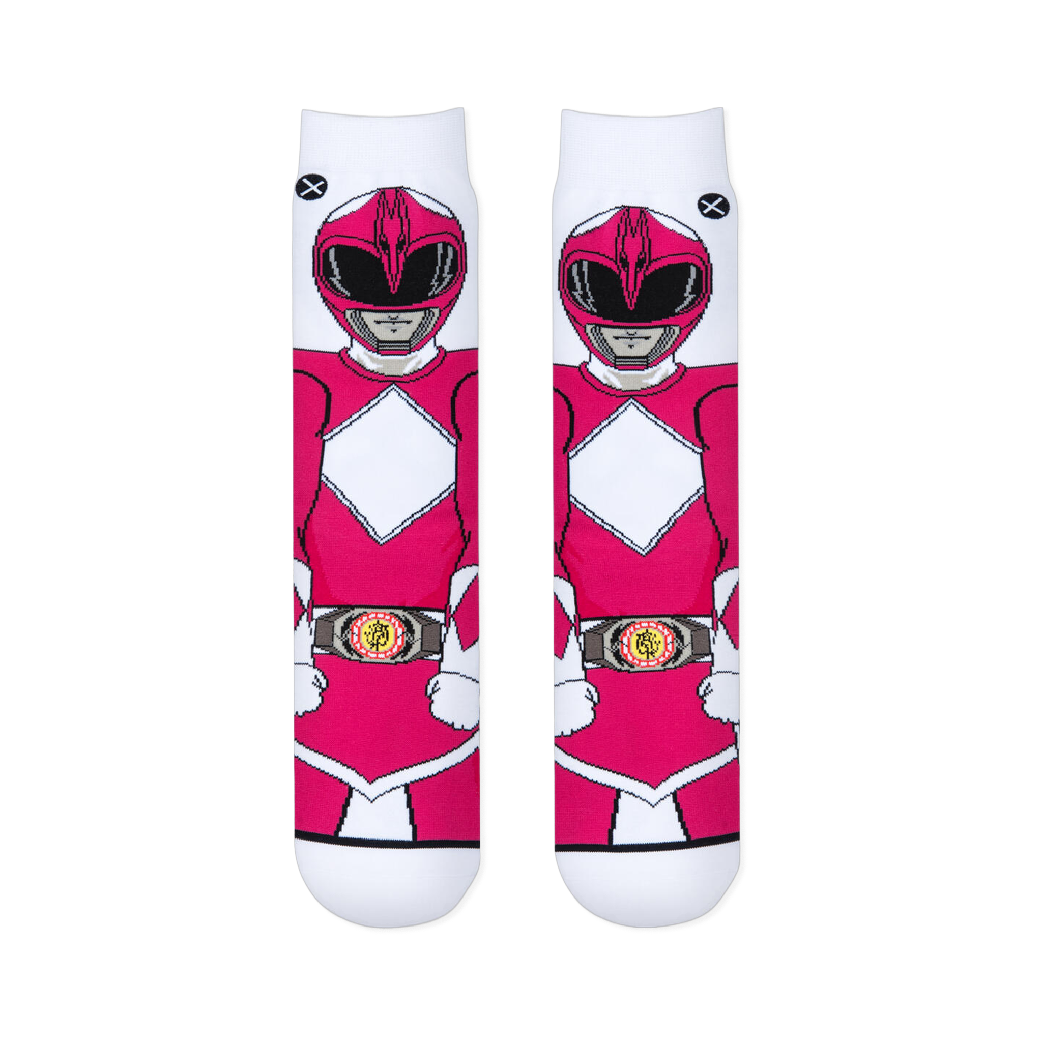 Front view of two flat socks showing the complete Pink Ranger suit graphic with her helmet, chest diamond, gloves, and belt.