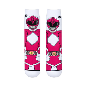 Front view of two flat socks showing the complete Pink Ranger suit graphic with her helmet, chest diamond, gloves, and belt.