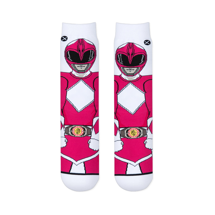 Front view of two flat socks showing the complete Pink Ranger suit graphic with her helmet, chest diamond, gloves, and belt.