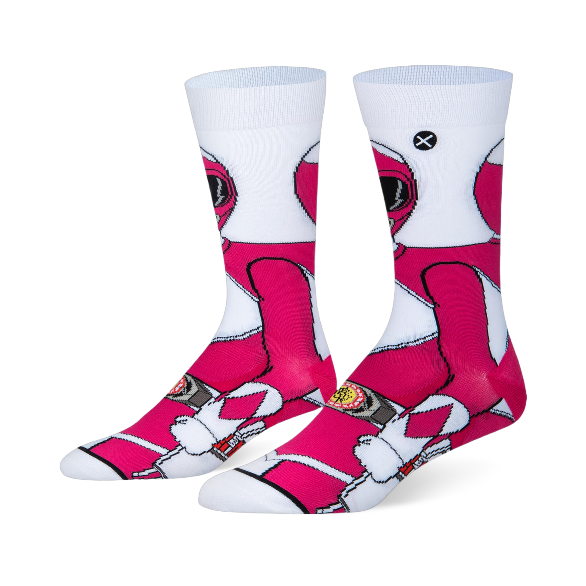 White crew socks featuring a 360-degree wraparound graphic of the Pink Ranger in her classic pink and white uniform.