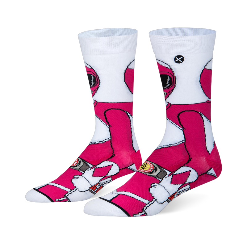 White crew socks featuring a 360-degree wraparound graphic of the Pink Ranger in her classic pink and white uniform.