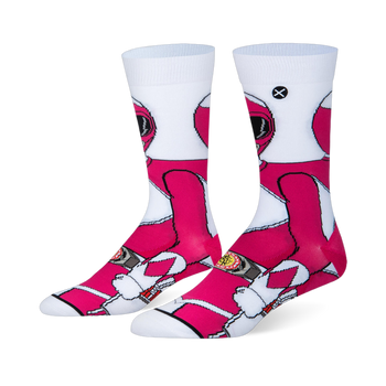 White crew socks featuring a 360-degree wraparound graphic of the Pink Ranger in her classic pink and white uniform.