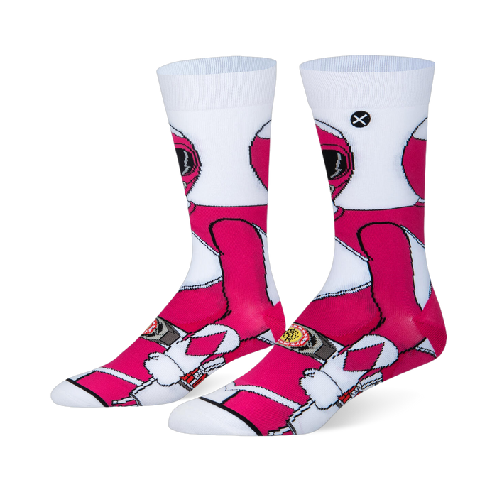 White crew socks featuring a 360-degree wraparound graphic of the Pink Ranger in her classic pink and white uniform.