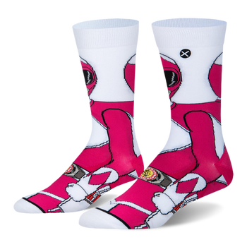 White crew socks featuring a 360-degree wraparound graphic of the Pink Ranger in her classic pink and white uniform.