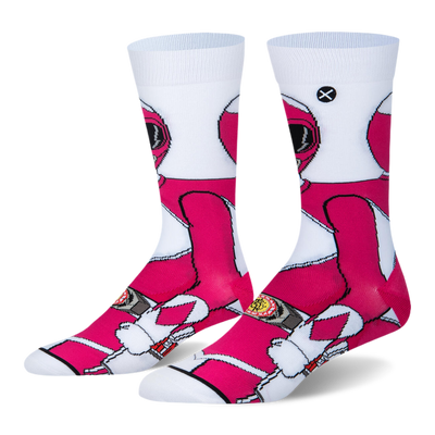 White crew socks featuring a 360-degree wraparound graphic of the Pink Ranger in her classic pink and white uniform.
