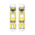 Two white socks laid flat showing the front view of a pixelated Yellow Ranger with a diamond chest pattern and morpher belt.