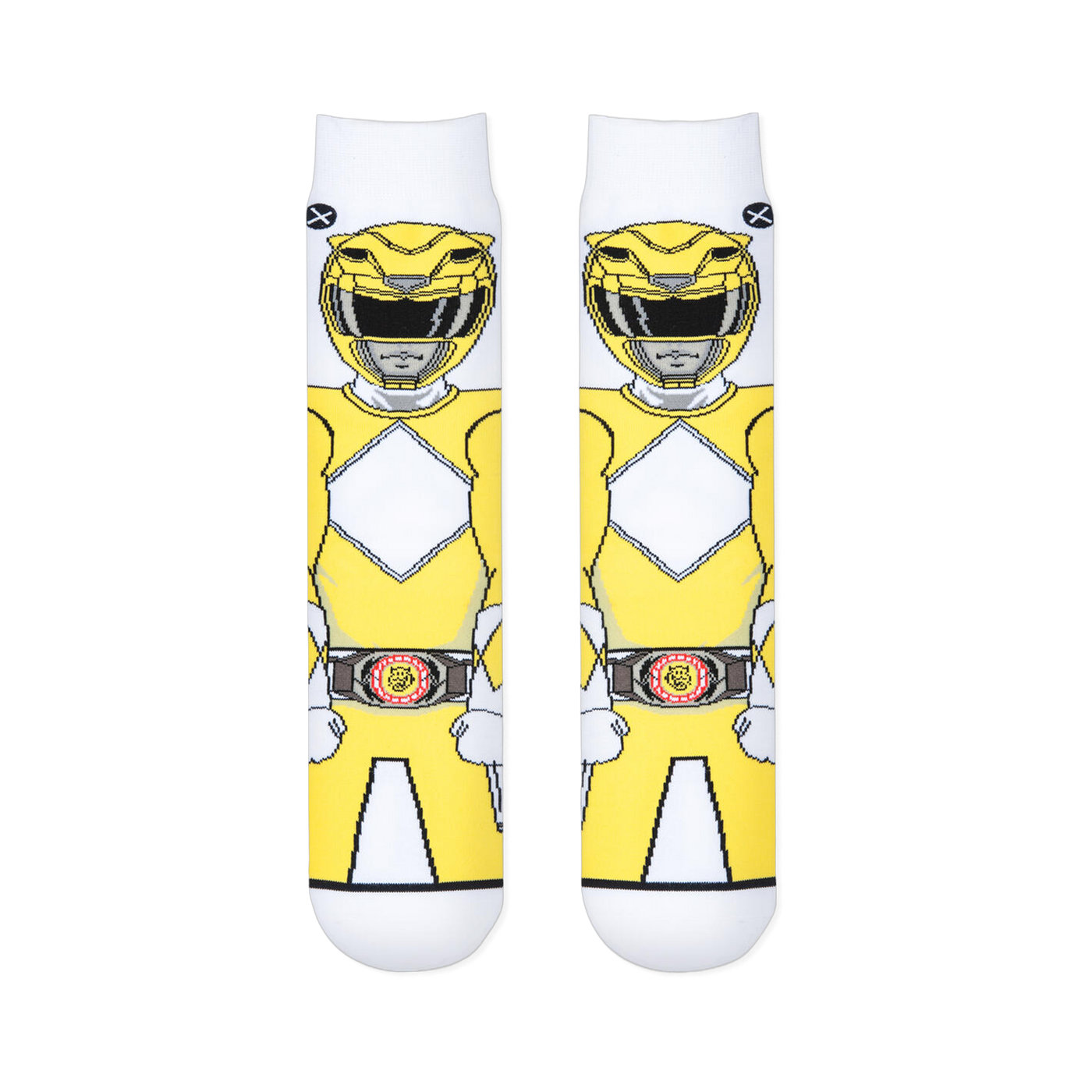 Two white socks laid flat showing the front view of a pixelated Yellow Ranger with a diamond chest pattern and morpher belt.